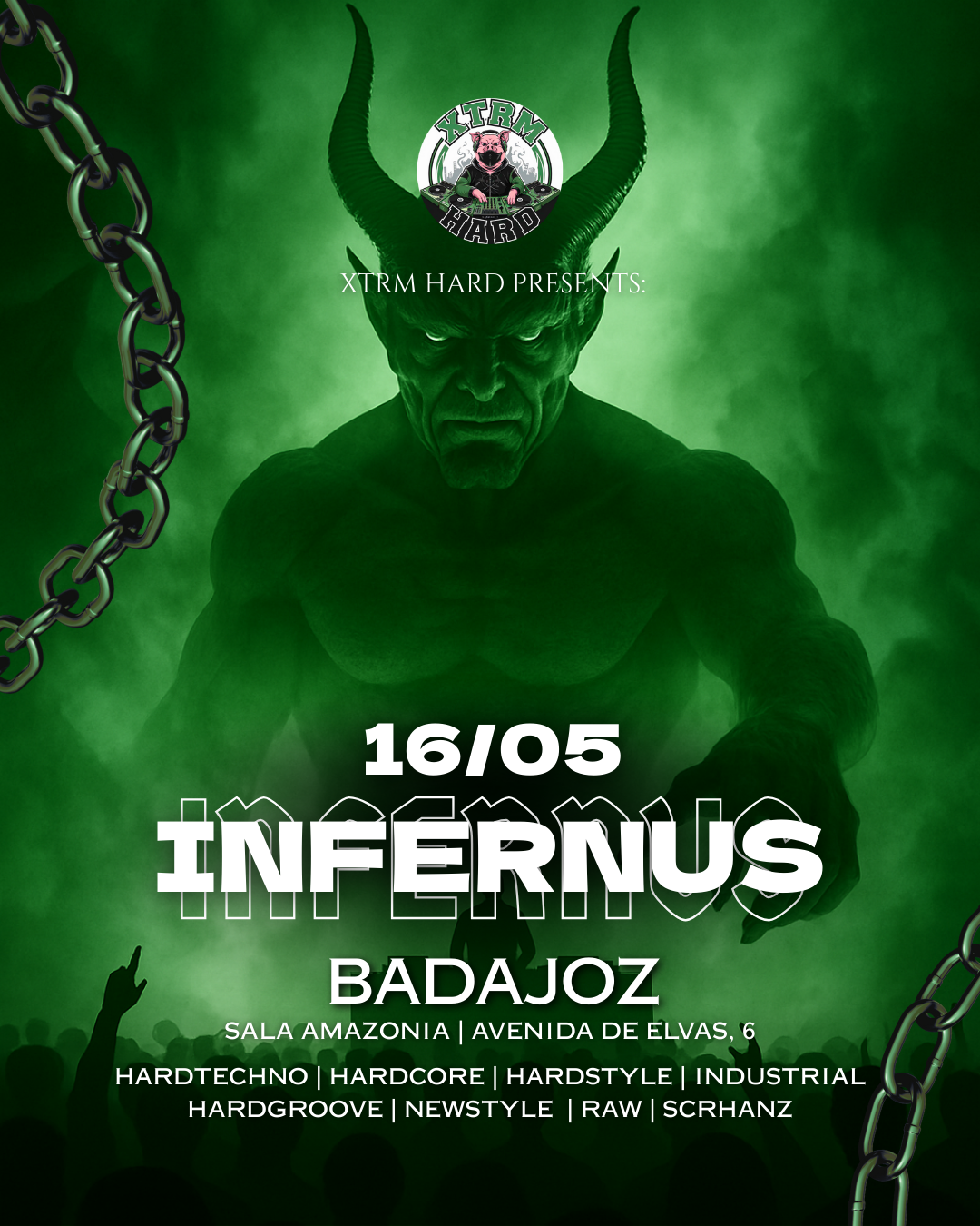 Cartel oficial del evento INFERNUS en Sala Amazonia Badajoz - XTRM HARD