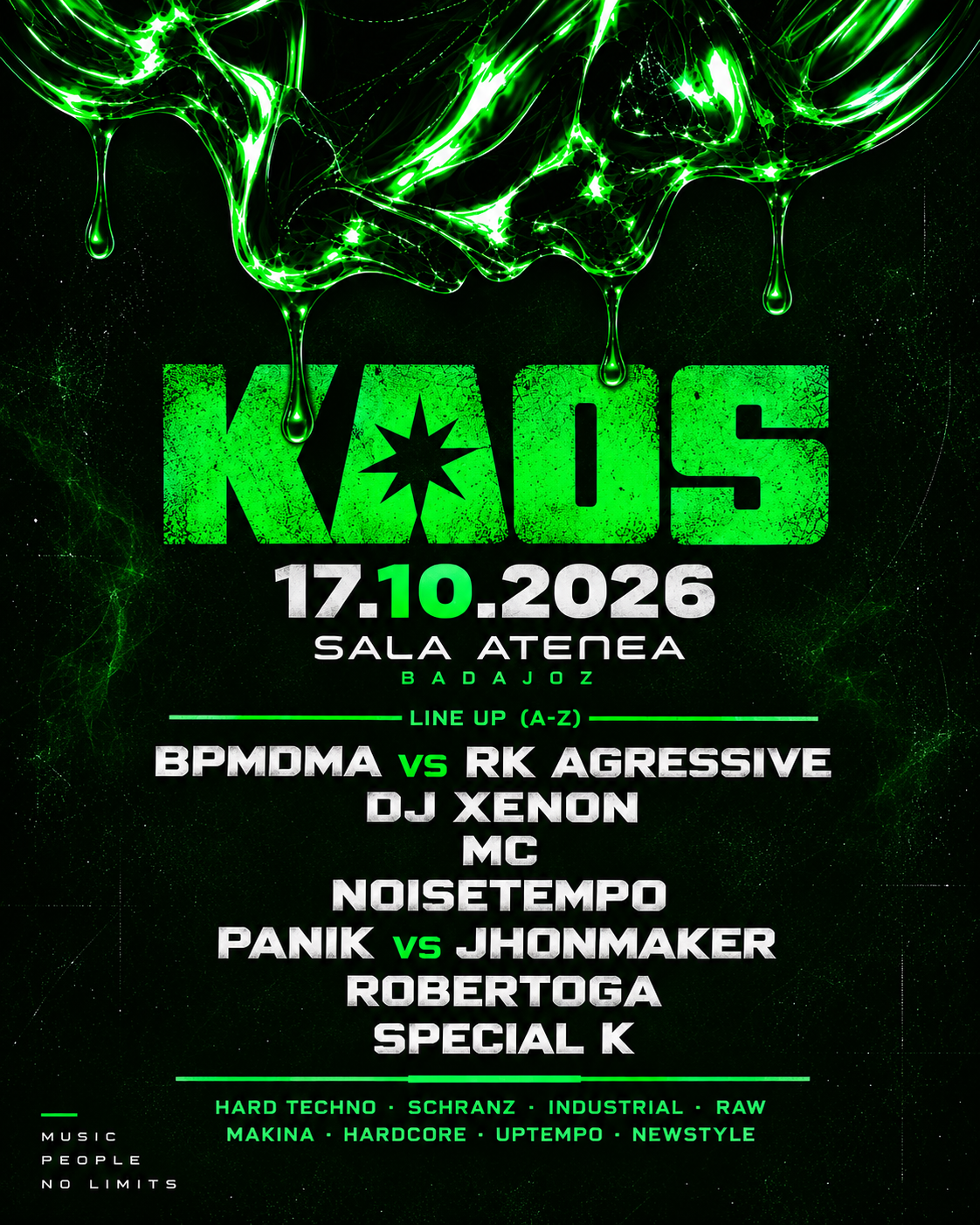 Cartel oficial KAOS con Line Up confirmado - Sábado 17 Octubre 2026 - Sala Atenea Badajoz - XTRM HARD