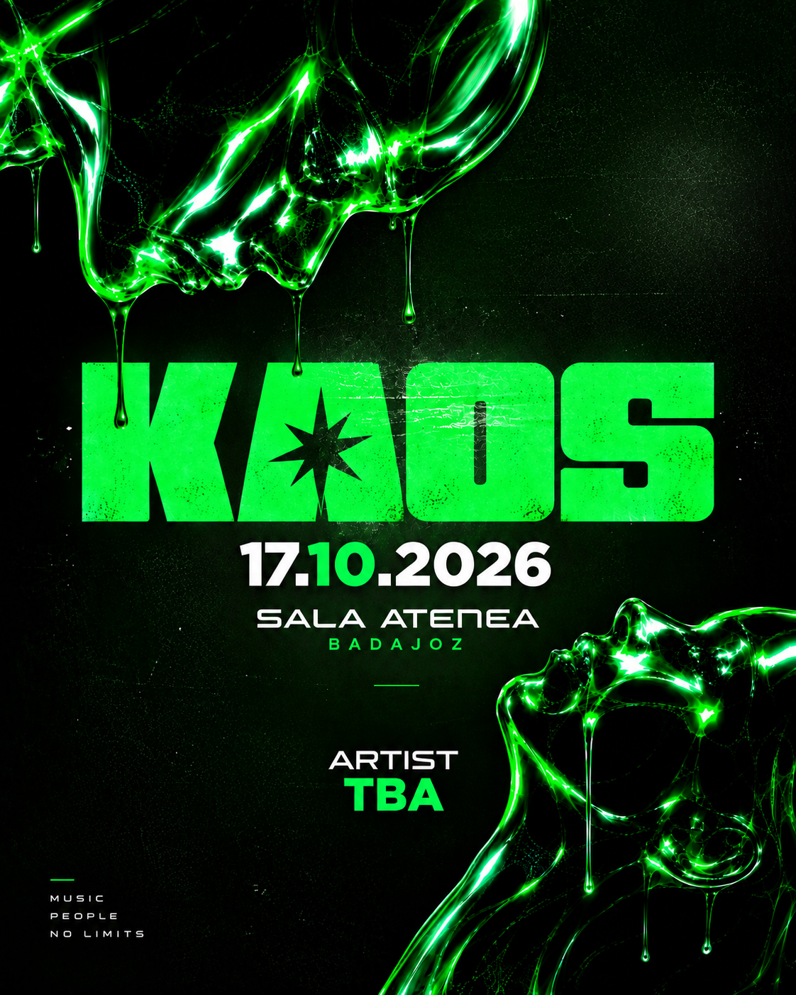 Cartel oficial KAOS - Sábado 17 Octubre 2026 - Sala Atenea Badajoz - XTRM HARD